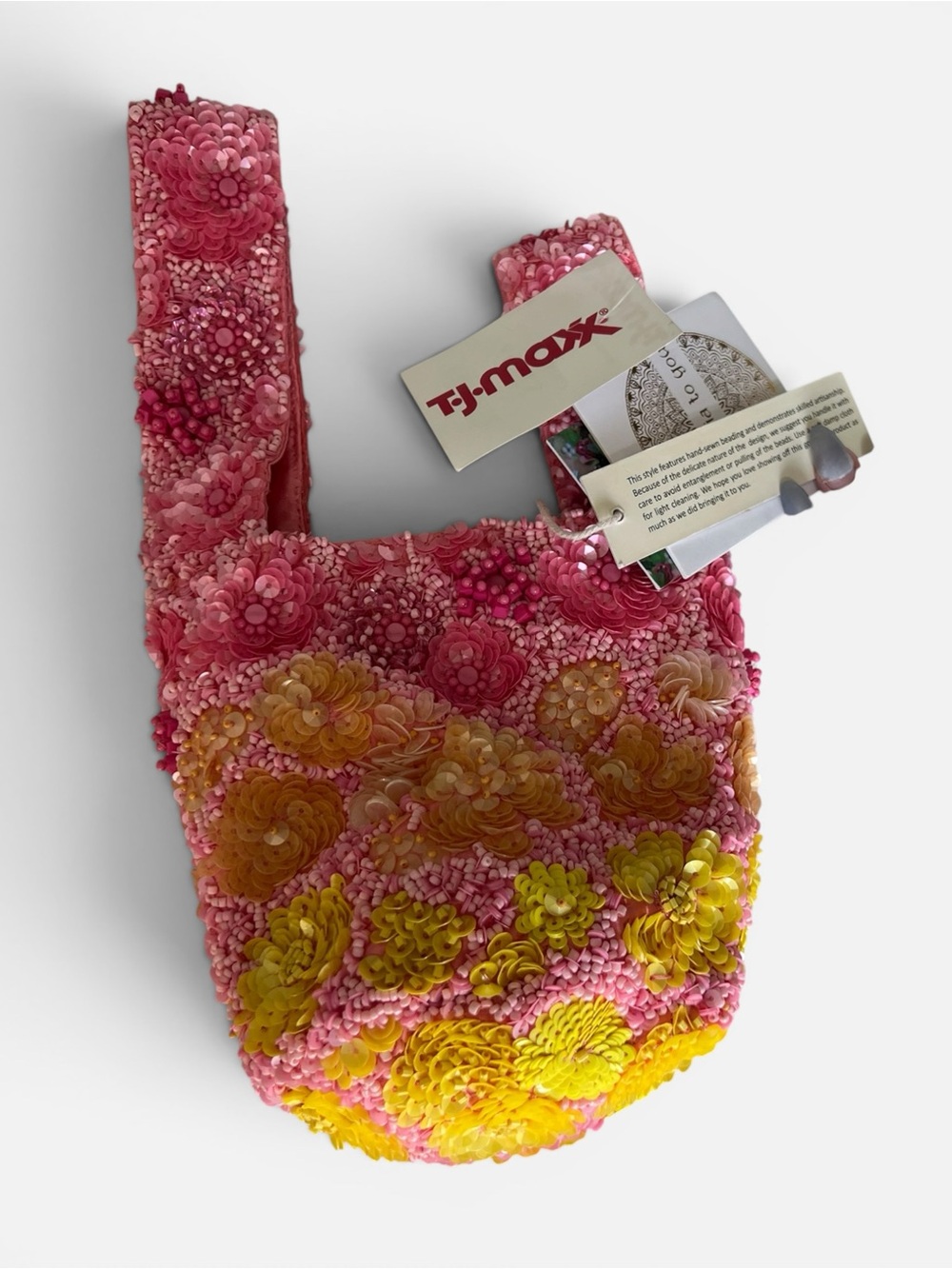 Pink & Yellow Hand Beaded Mini Bucket Bag - Picture 10 of 10
